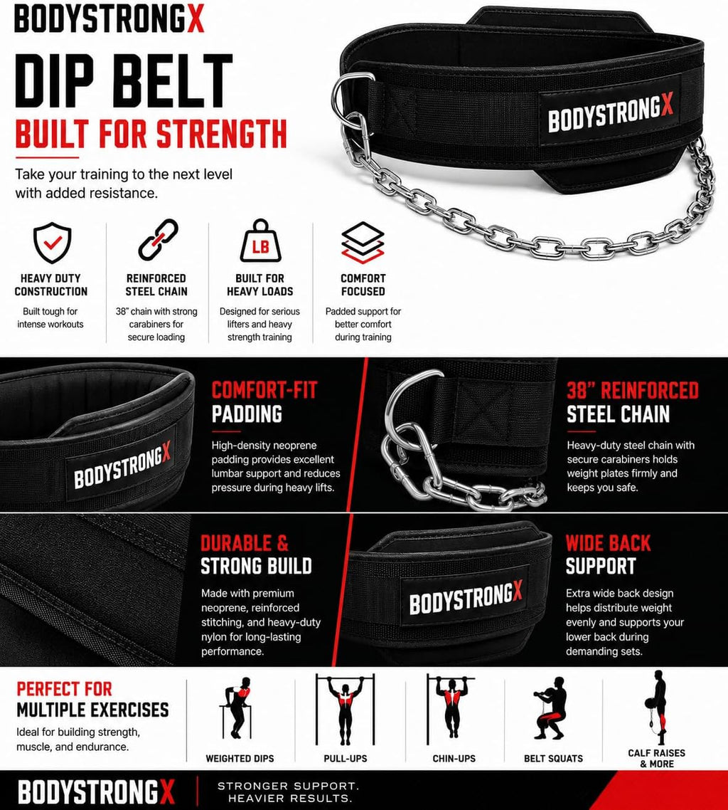 Dip Belt for Weightlifting with Steel Chain - Heavy Duty Black