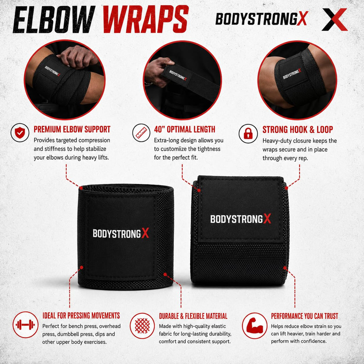 Elbow Wraps 40" for Weightlifting | BodyStrongX Black