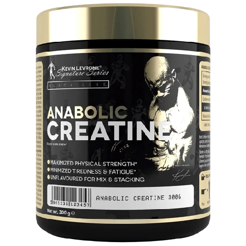 A 300g tub of Kevin Levrone Signature Series Anabolic Creatine, featuring a black label with gold accents and a white-and-black illustration of Albert Einstein, on a white background.